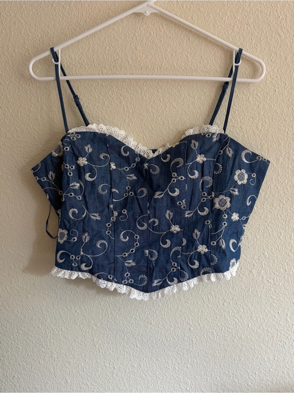Shyanne Denim Blue Embroidered Lace-Trim Camisole
